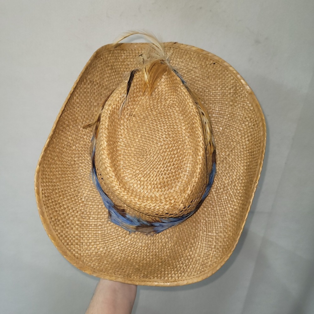 Longhorn‎ Head Huggers Straw Hat Mens M Cowboy Western Feather Rodeo Rancher - Picture 5 of 13